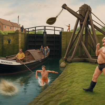 The lock keeper testing the trebuchet on rude and insulting canal boat owners.