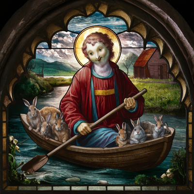 Stained glass window. Offraed as a young man, and his obsession in rowing rabbits safely across the river Parrett.