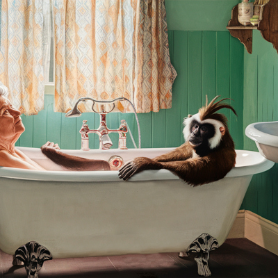 Bathing with a Crested Gibbon. The gentle method of becoming acquainted with bathing in the company of vigorous monkeys.