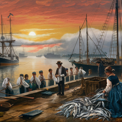 Turner painting. A Soup frigate anchoring at Harwich. Morning Oarsmen Queue for towels – Sunrise Through Dysentery Fumes (1813).