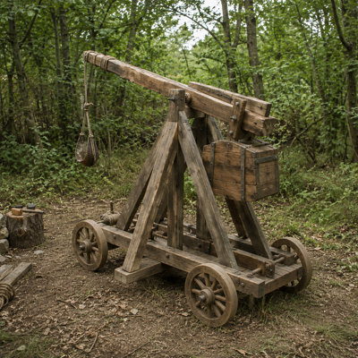 Frank and Flaxhandler's wooden trebuchet stands ready for trial.