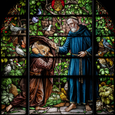 Stained glass window. St Crispin refusing Offraed entrance into a bird garden.