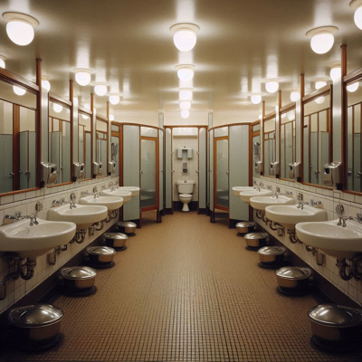One of Aubrey’s insecure toilet dreams. One of a series of endless adventures spent in a fruitless search to locate a lavatory that does not have transparent glass cubicles, that he can use without being obvious to everyone else.