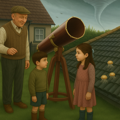 Mr Lantern’s backyard. Water spouts, bird droppings, jellyfish, telescopes and Pleasant Surprise clocks.